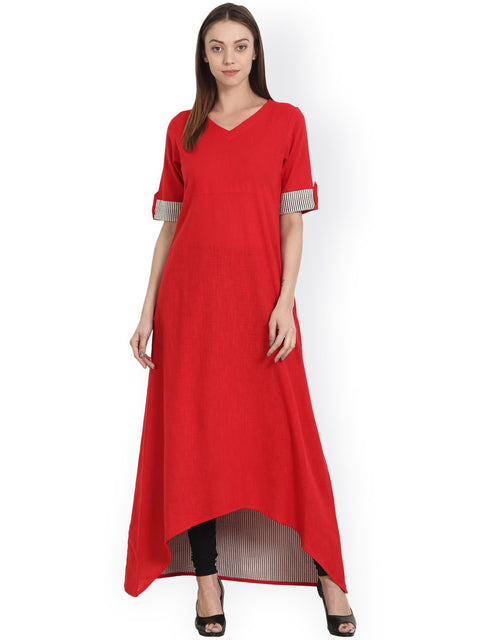 Nayo Solid red half sleeve Long cotton slub A-line kurta