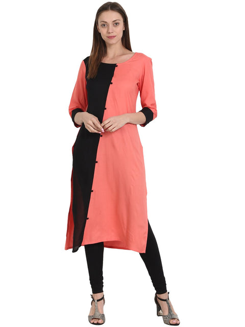 Nayo Women Peach & Black 3/4 sleeve rayon kurta