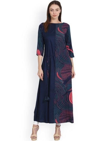 Nayo Blue printed 3/4 sleeve rayon long kurta