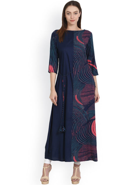Nayo Blue printed 3/4 sleeve rayon long kurta