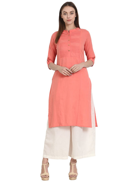 Nayo Women peach 3/4 sleeve cotton flux kurta