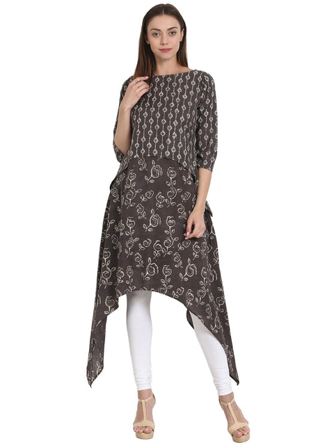 Nayo Coffee printed 3/4 sleeve cotton assymetric kurta