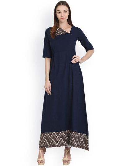 Nayo Dark Blue half sleeve long cotton slub kurta