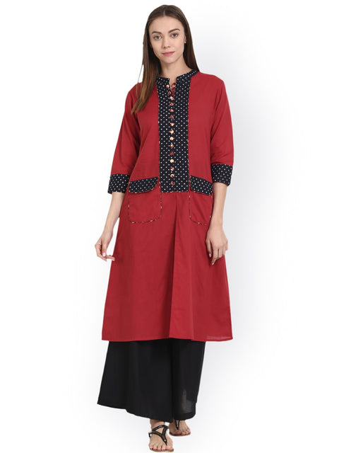Nayo Red 3/4 sleeve cotton tale cut kurta with double pocket