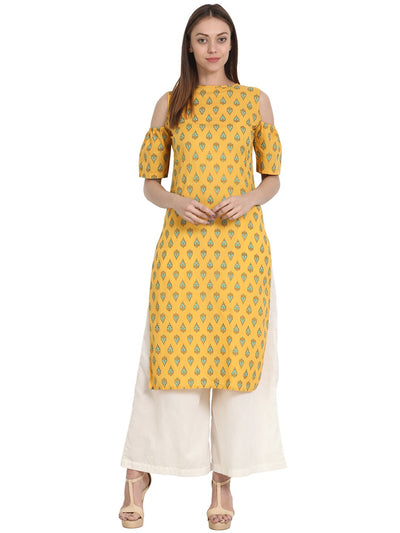 Nayo Women Yellow printed half sleeve cotton off shoulder kurta