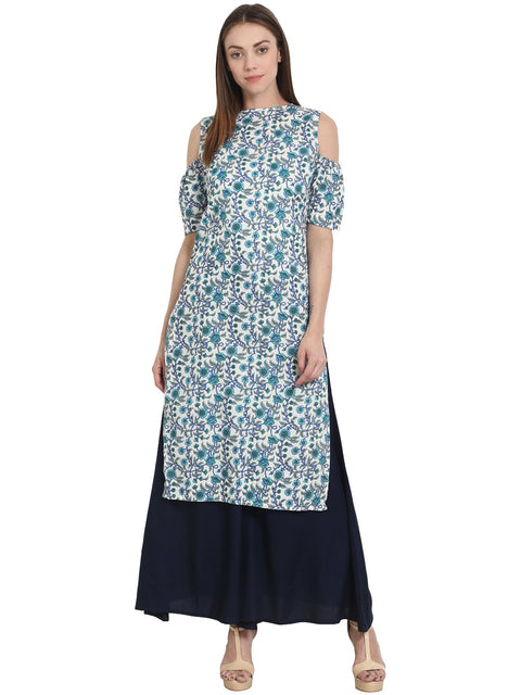 Nayo Women Blue printed off shoulder half sleeve cotton kurta