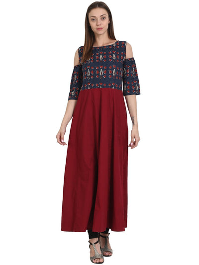 Nayo Maroon printed off shoulder half sleeve cotton Anarkali kurta