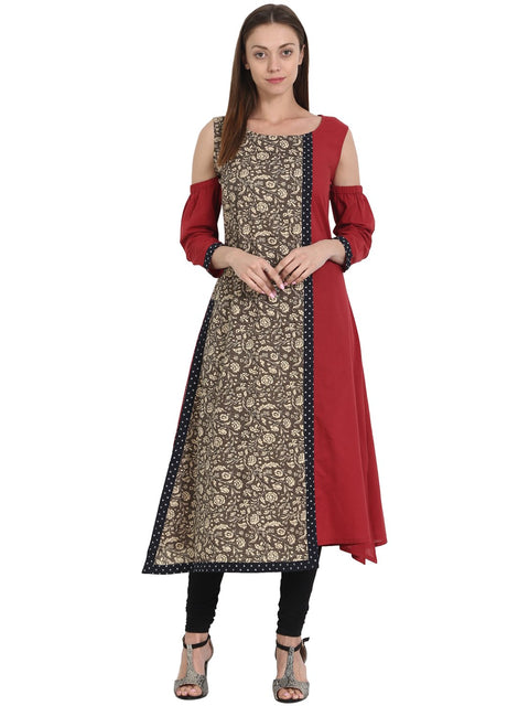Nayo Women Maroon & grey printed 3/4 sleeve cotton Assymetric kurta