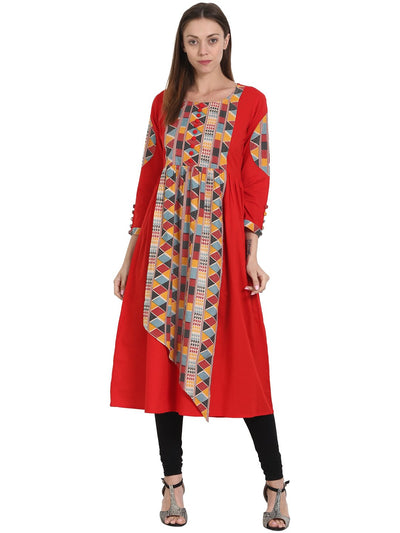 Nayo Women Red with front printed 3/4 sleeve cotton A-line kurta
