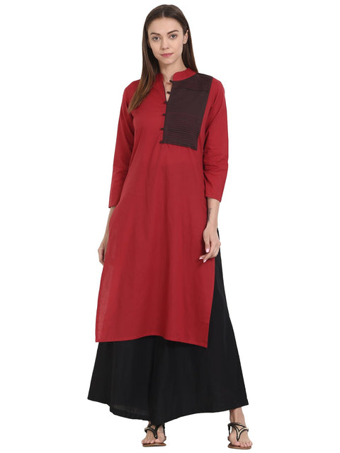 Nayo Women Solid Maroon Three-Quarter Sleeves Mandarin Collar Cotton Straight Kurta