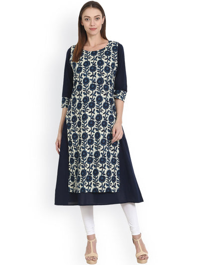 Women Blue & White Printed Straight Kurta