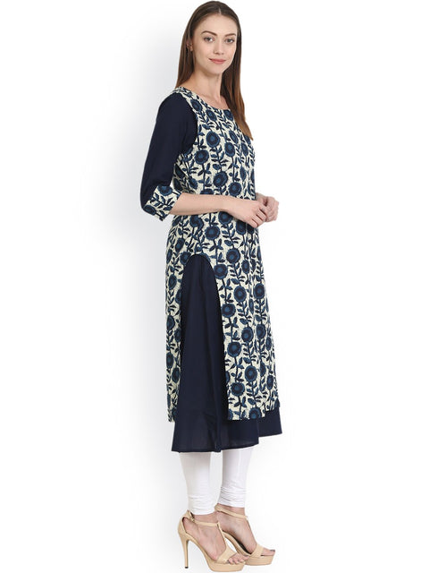 Women Blue & White Printed Straight Kurta