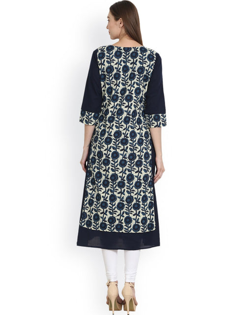 Women Blue & White Printed Straight Kurta