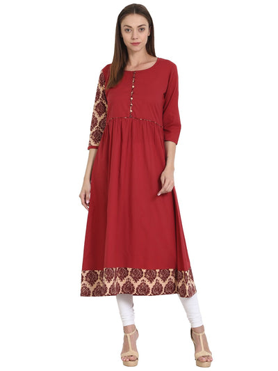 Nayo Women Maroon 3/4 sleeve cotton anarkali kurta