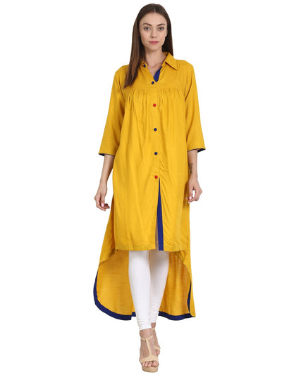 Nayo Women Yellow front open 3/4 sleeve low high Rayon kurta