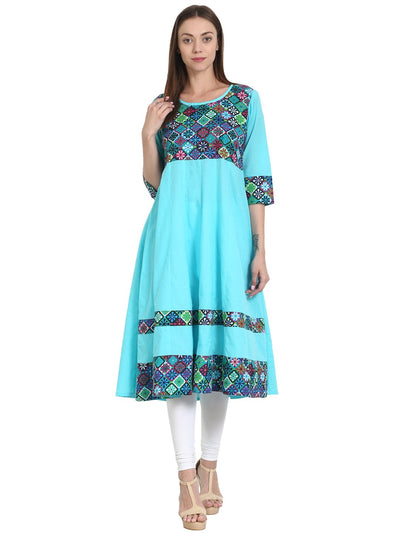 Nayo Women Aqua & blue printed 3/4 sleeve cotton Anarkali kurta