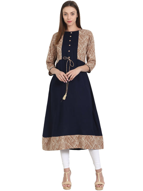 Nayo Women Blue 3/4 sleeve rayon kurta with beige print in yoke