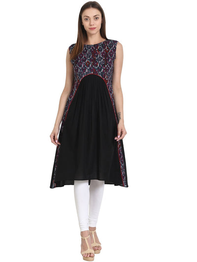 Nayo Black sleevless cotton A-line kurta with yoke printed