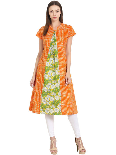 Nayo Women Yellow & Green printed cap sleeve A-line kurta