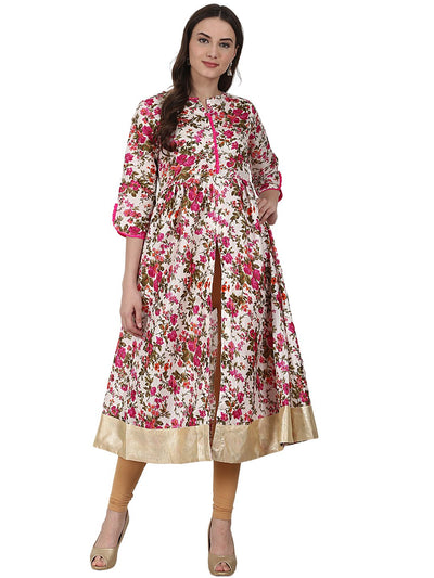 Silk Flower printed 3/4 sleeve tale cut anarkali kurta
