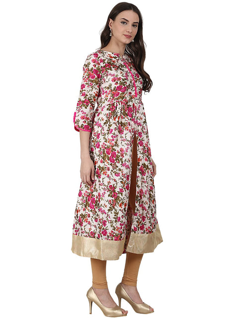 Silk Flower printed 3/4 sleeve tale cut anarkali kurta