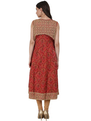 Red sleevless cotton anarkali kurta with net work in yoke and hemline