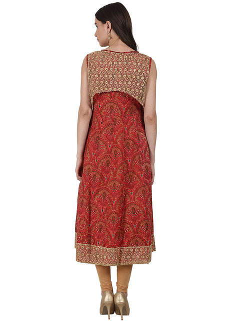 Red sleevless cotton anarkali kurta with net work in yoke and hemline