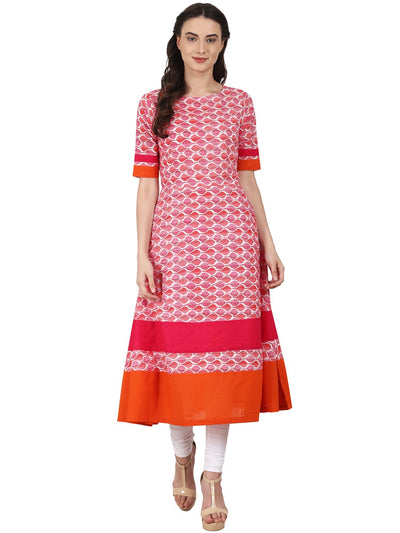 Nayo Women Pink printed half sleeve cotton A-line kurta