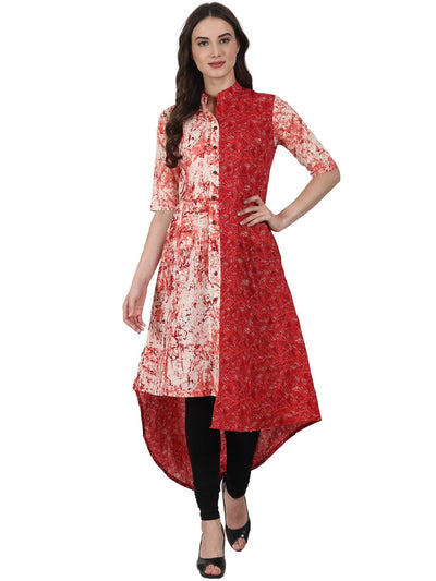 Nayo Red printed half sleeve low high cotton kurta