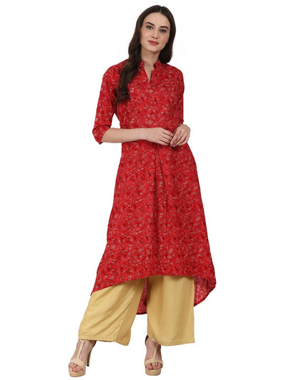 Nayo Red printed half sleeve low high cotton kurta