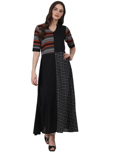 Nayo Black printed half sleeve cotton anarkali kurta