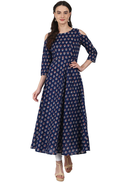 Nayo Women Navy blue printed 3/4 sleeve cotton Anarkali kurta