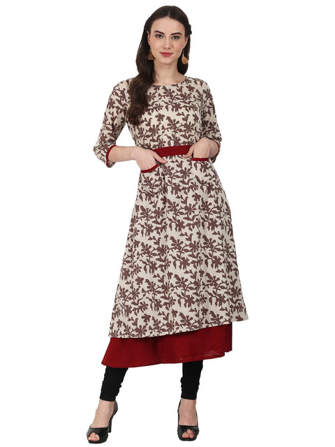 Nayo Beige printed 3/4 sleeve double layer cotton kurta
