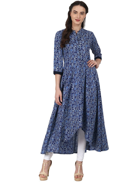 Nayo Women Blue printed 3/4 sleeve cotton assymetric anarkali kurta