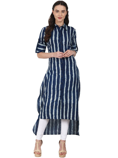 Nayo Women Blue roll up sleeve low high cotton kurta