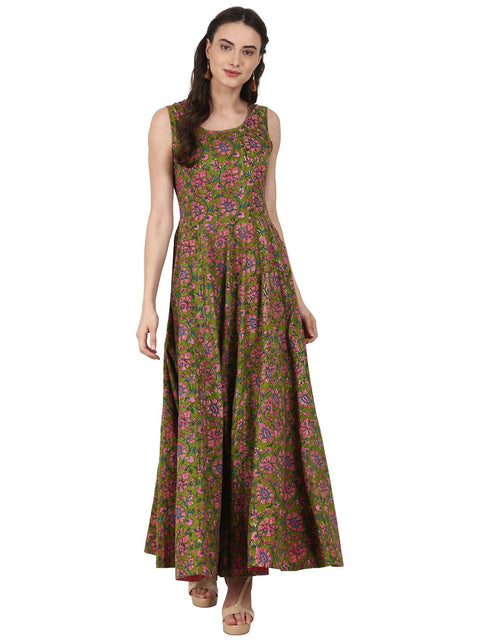 Nayo Green printed sleevless cotton anarkali kurta