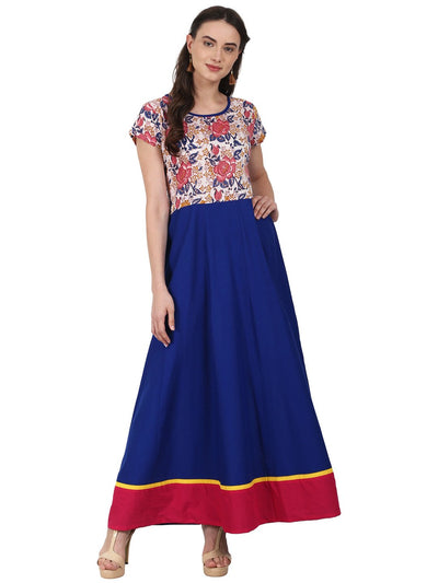 Nayo Blue cap sleeve cotton anarkali kurta with printed yoke