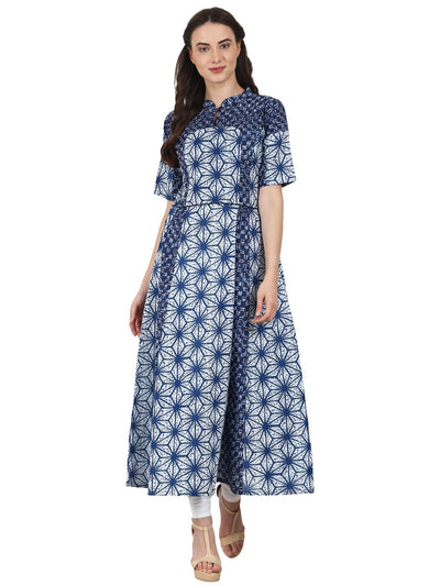Nayo Women Blue printed half sleeve cotton anarkali kurta