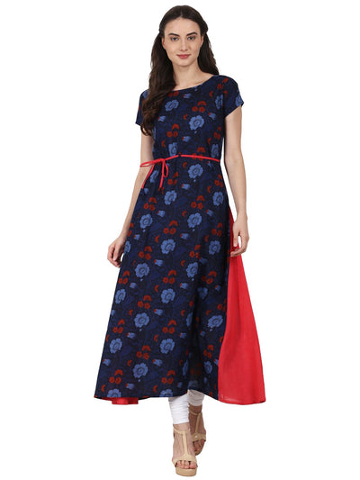 Nayo Women Navy blue printed cap sleeve A-Line kurta
