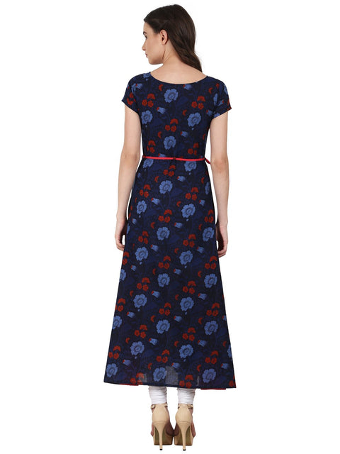 Nayo Navy blue printed cap sleeve A-Line kurta