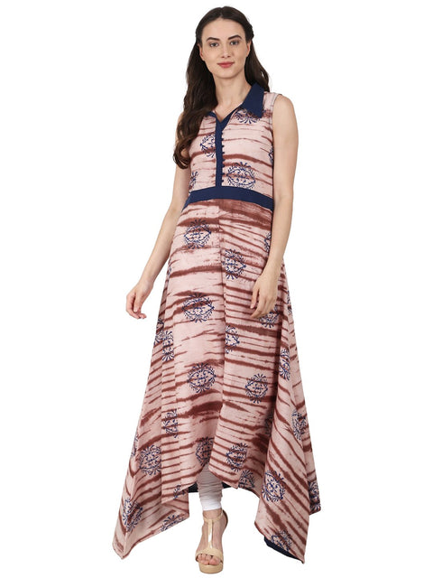 Nayo Women Nude printed Sleevless Assymetric cotton A-Line kurta