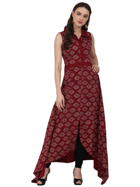Nayo Maroon printed Sleevless Assymetric cotton A-Line kurta