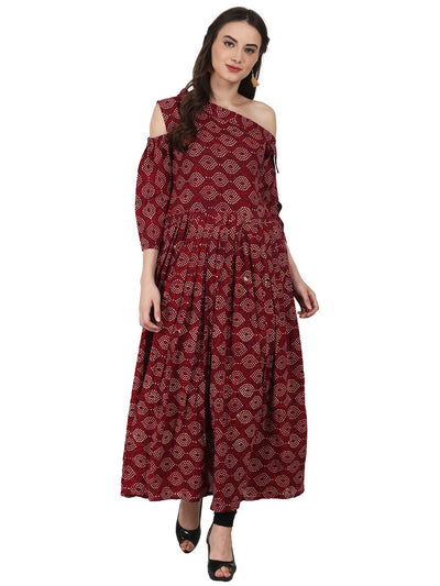 Nayo Women Maroon printed 3/4 sleeve cotton anarkali kurta