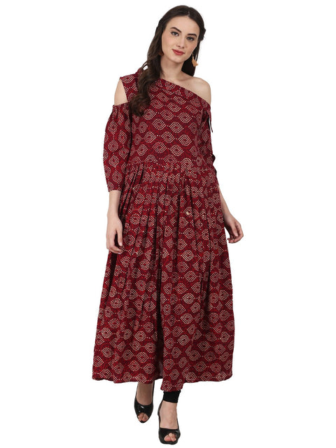 Nayo Women Maroon printed 3/4 sleeve cotton anarkali kurta