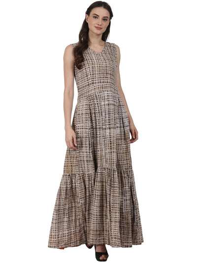 Nayo Women Beige printed sleevless cotton anarkali kurta