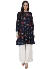 Blue printed 3/4 sleeve cotton A-line kurta