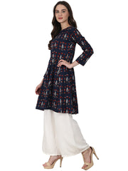 Blue printed 3/4 sleeve cotton A-line kurta
