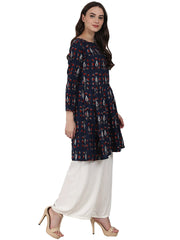 Blue printed 3/4 sleeve cotton A-line kurta