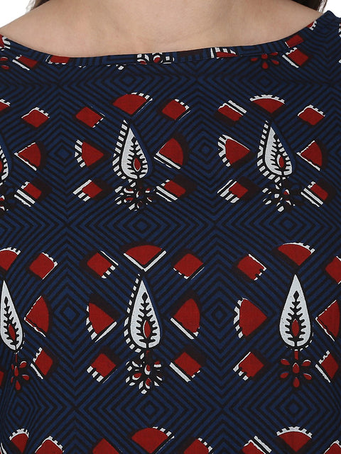 Blue printed 3/4 sleeve cotton A-line kurta