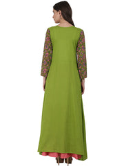 Green 3/4 sleeve cotton A-line kurta with front cut